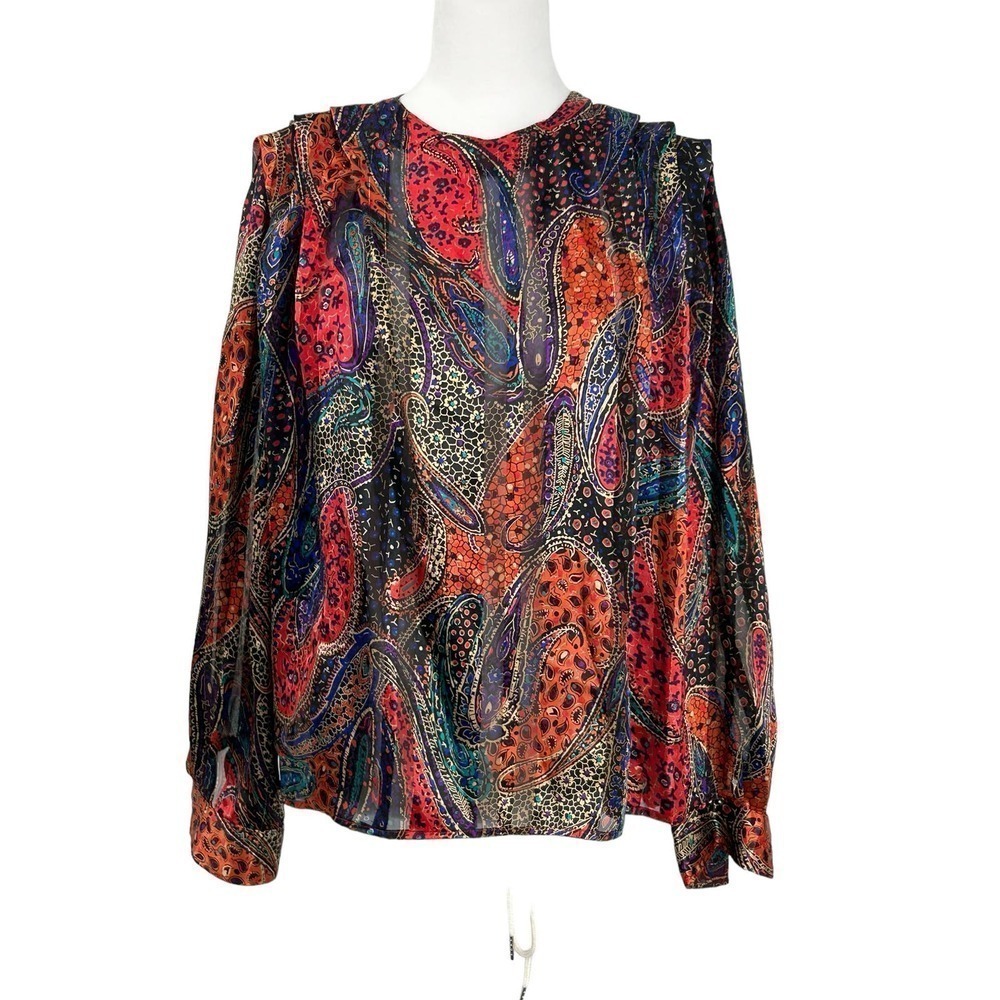Tess 80s VTG Paisley Blouse Back Button Up Detailed Shoulders Size 10